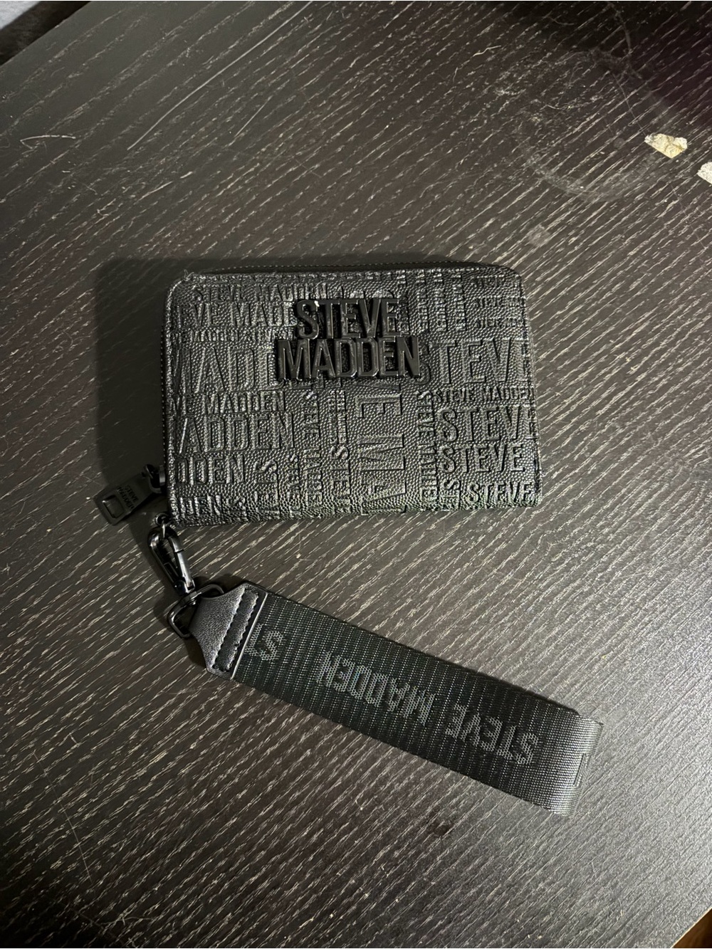 Steve Madden Black Embossed Logo Wallet with Wrist Strap